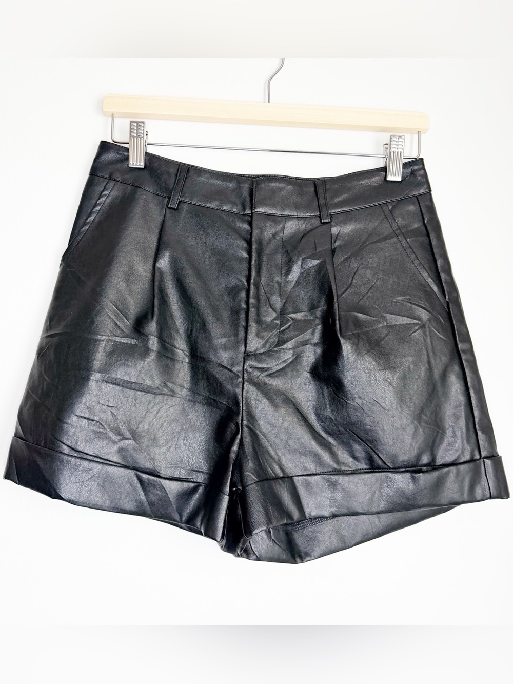 Women's Black Faux Leather Shorts with Pleats, Cuffs, Two Pockets